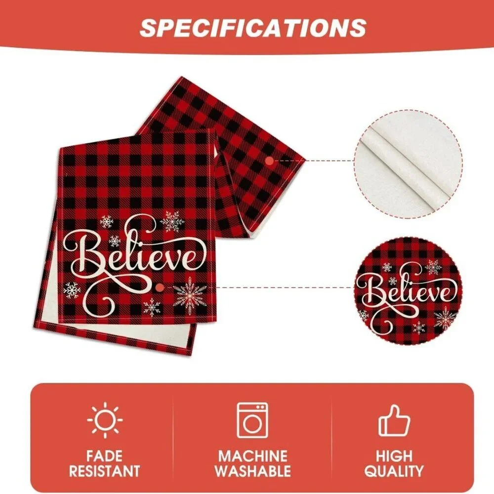 Believe Xmas Red and Black Buffalo Plaid Table Runner, Seasonal Winter 13x72